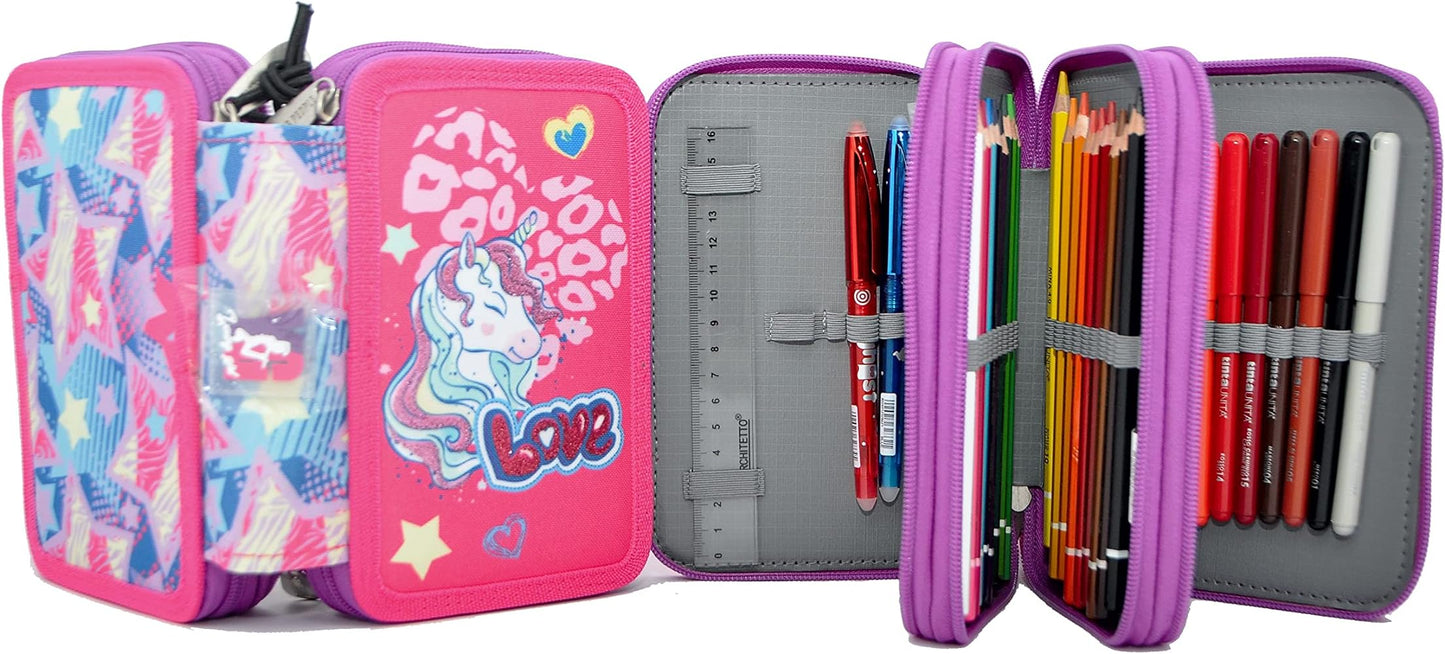 Astuccio 3 zip accessoriato Unicorno Young People - Tinta Unita