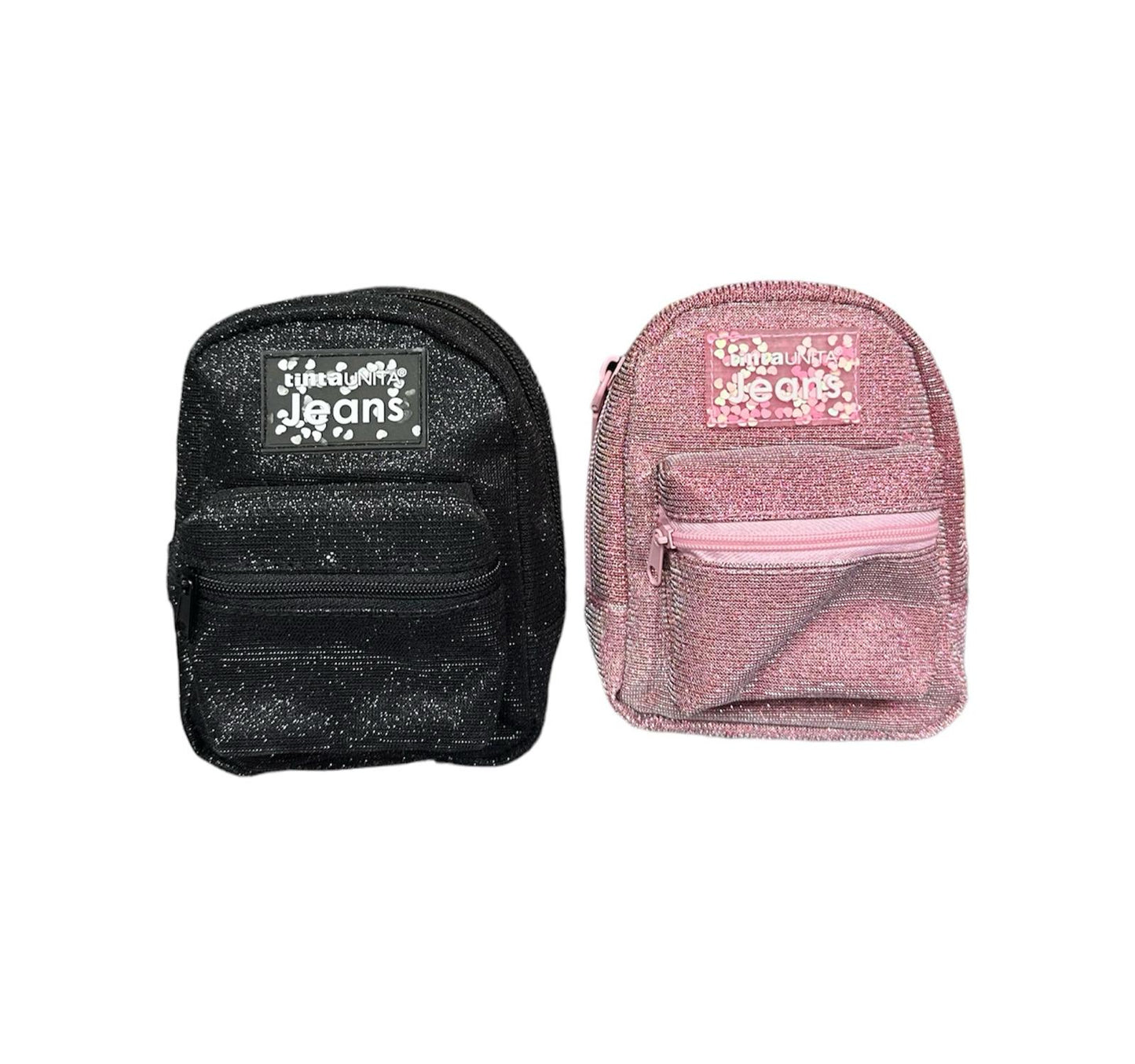 Mini zainetto portamonete glitterato con moschettone portachiavi - Tinta Unita Jeans