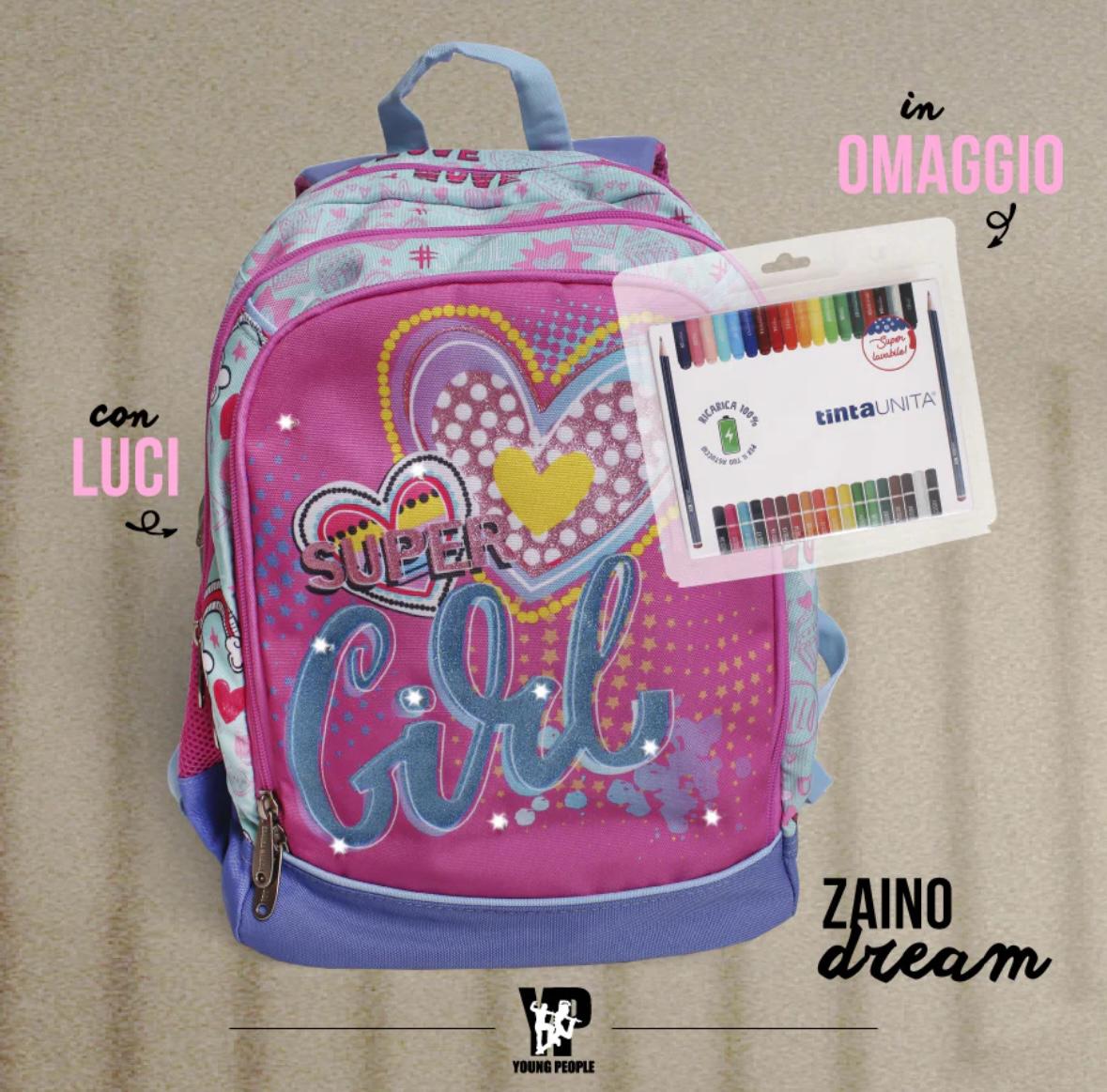 Zaino Dream Super Girl con luci + ricarica astuccio in omaggio - Tinta Unita