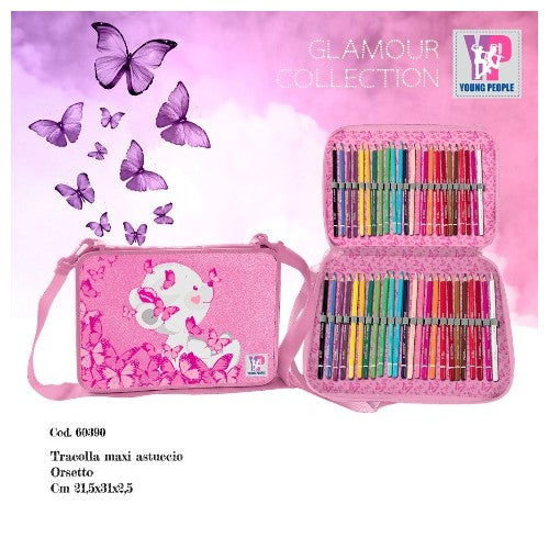 Astuccio Maxi con tracolla Orsetto con farfalle rosa - Tinta Unita