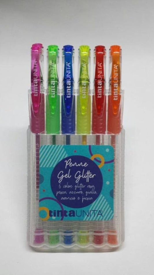 Set da 6 Penne Gel Glitter colorate in astuccio trasparente - Tinta Unita